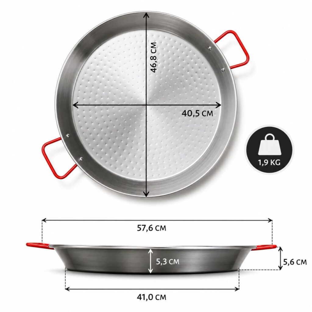 Afmetingen van stalen paella pan 46 cm met diameter 46,8 cm, bodem 41,0 cm en hoogte 5,6 cm