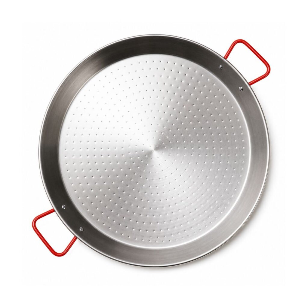 Stalen paella pan 46 cm voor 3 tot 4 personen met rode handgrepen