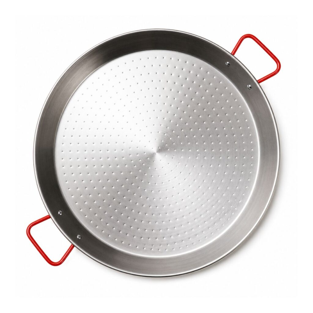 Stalen paella pan 50 cm voor 4 tot 6 personen met rode handgrepen