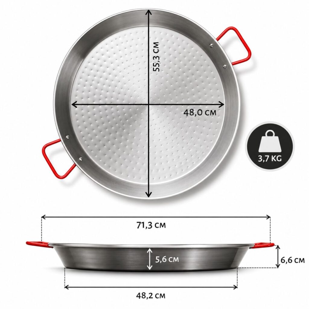 Afmetingen van stalen paella pan 55 cm met diameter 55,3 cm, bodem 48,2 cm en hoogte 6,6 cm