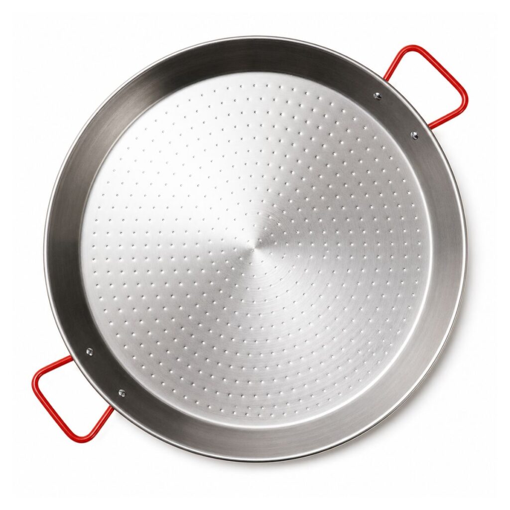 Stalen paella pan 55 cm voor 6 tot 8 personen met rode handgrepen