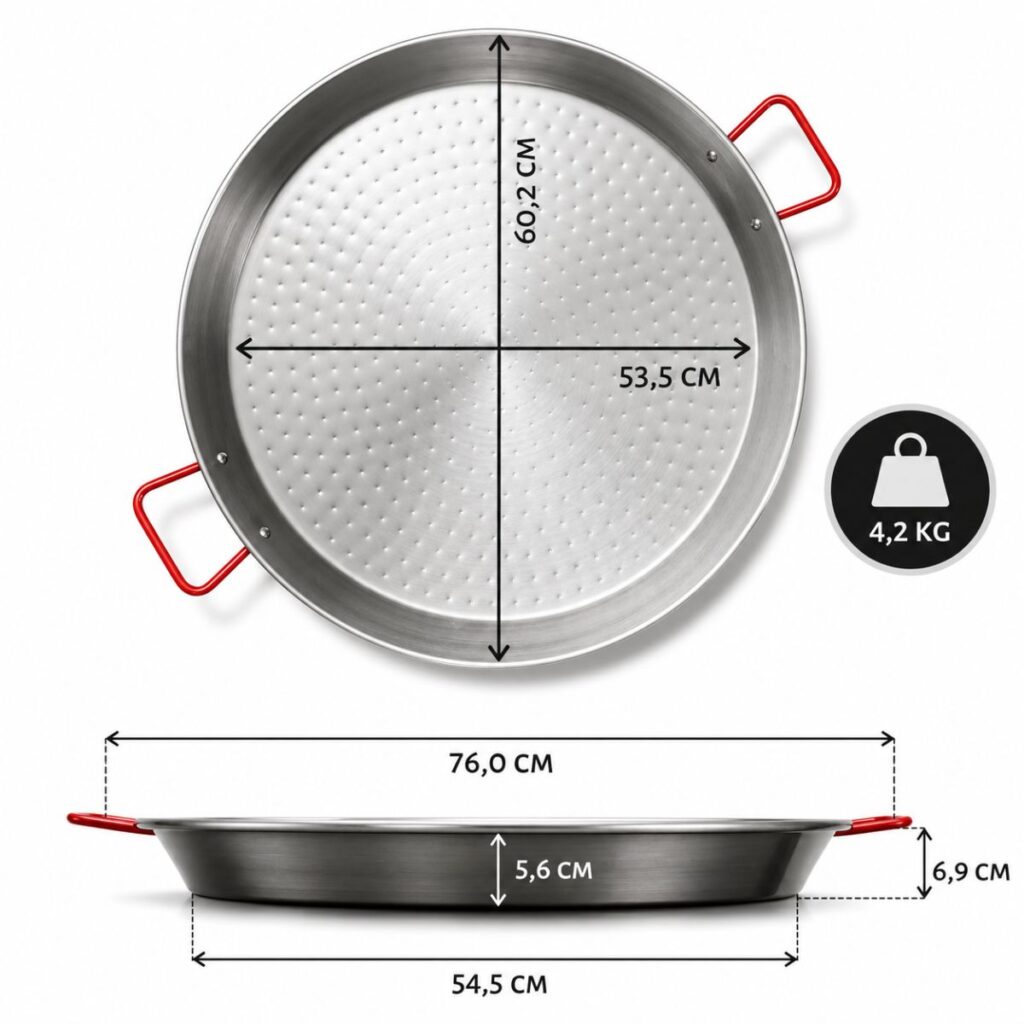 Afmetingen van stalen paella pan 60 cm met diameter 60,2 cm, bodem 54,5 cm en hoogte 6,9 cm