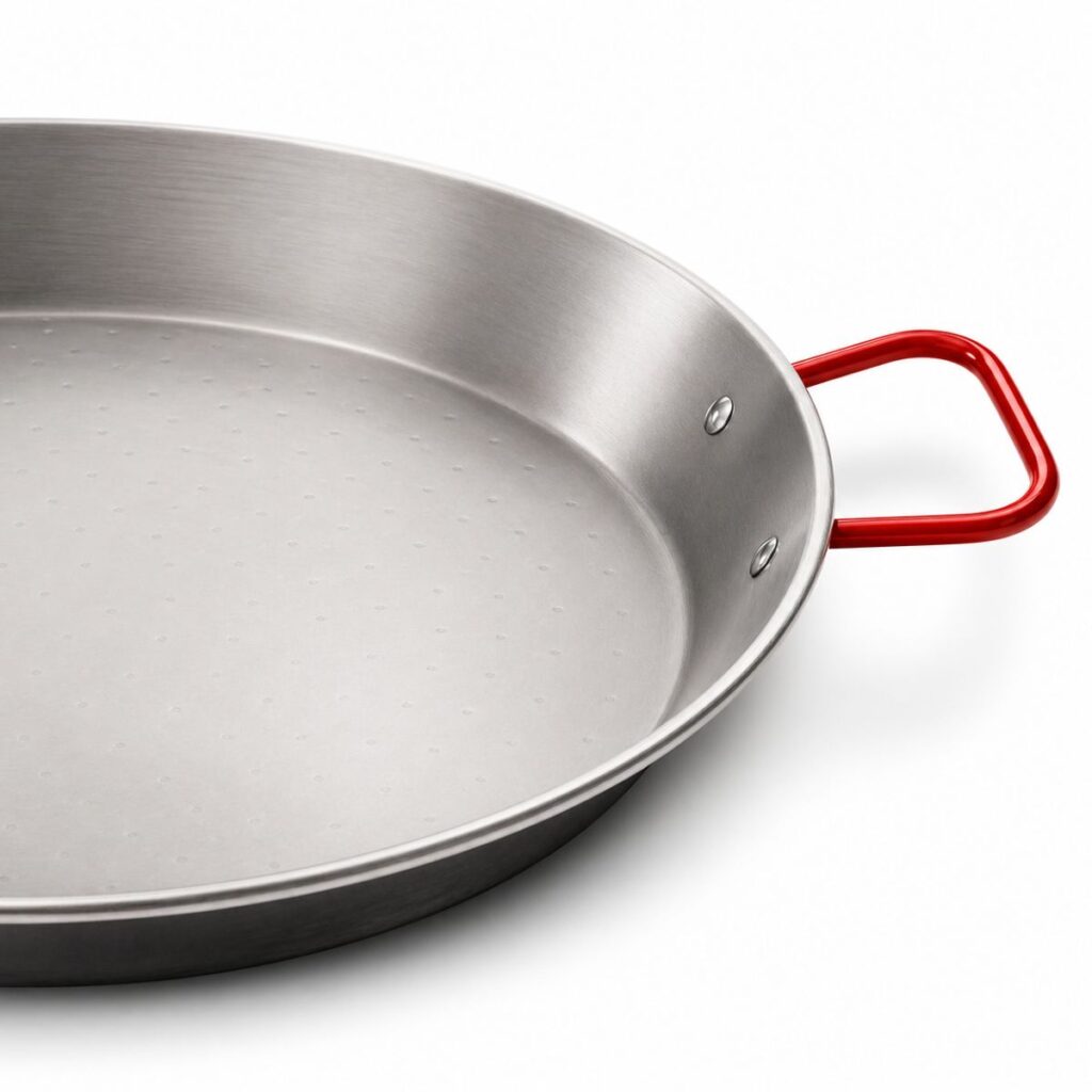 Stalen paella pan 60 cm met rode handgrepen voor 8 tot 10 personen