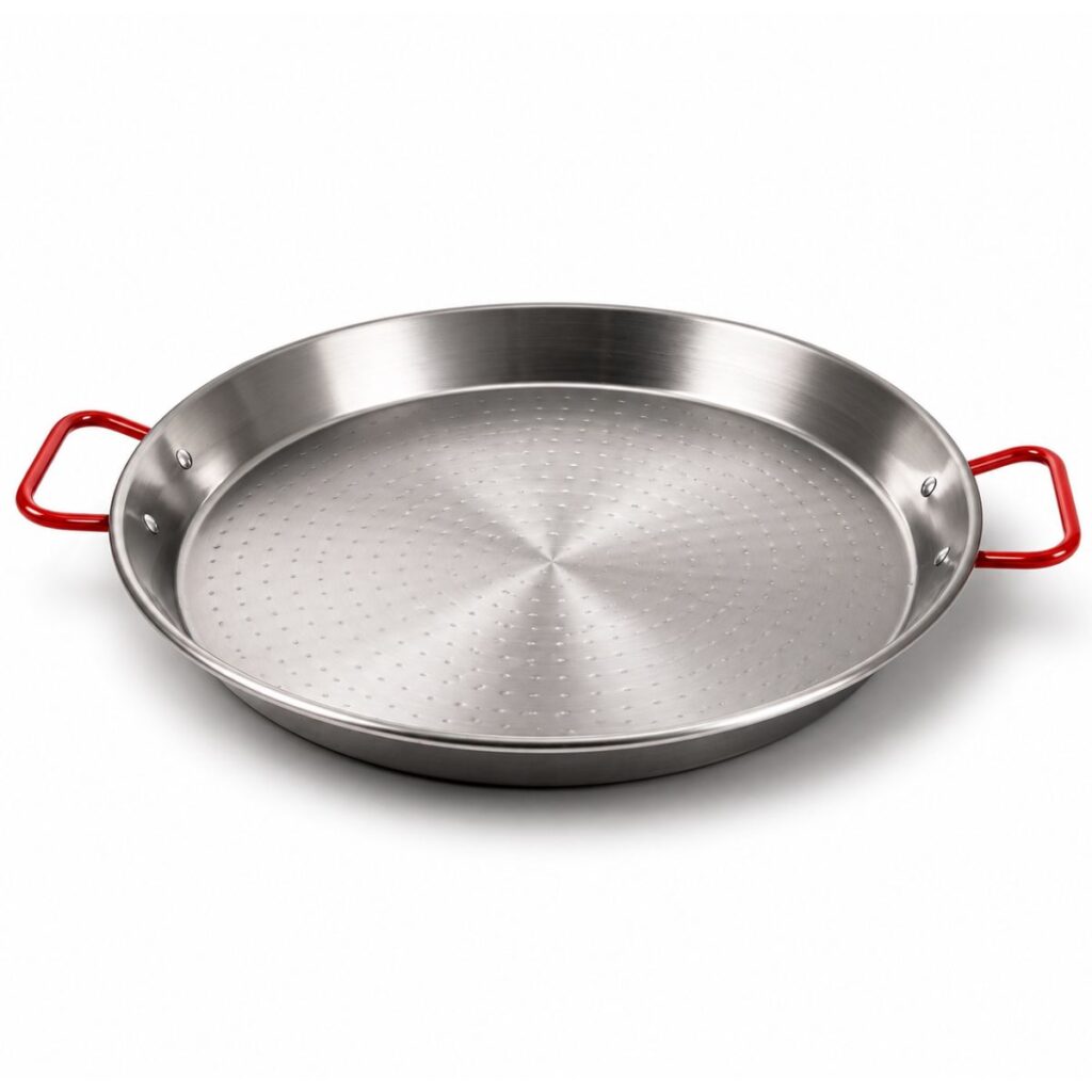 Stalen paella pan 60 cm met rode handgrepen, lage rand en brede bodem