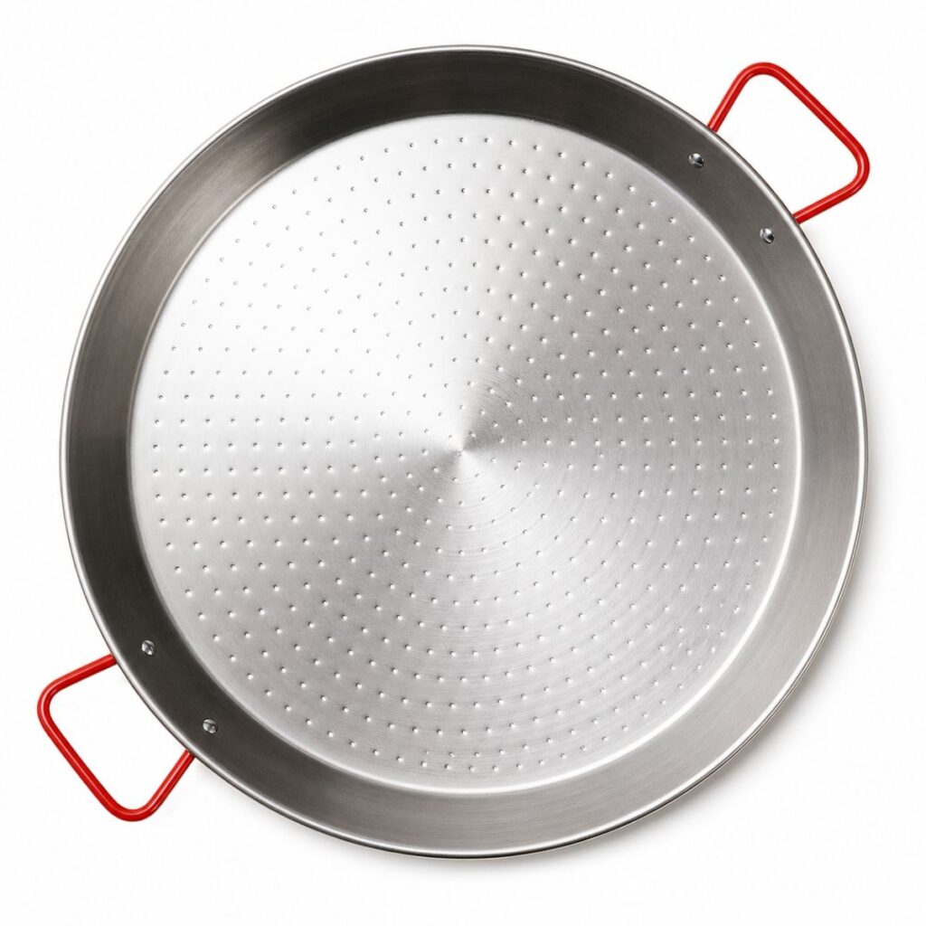 Stalen paella pan 60 cm voor 8 tot 10 personen met rode handgrepen