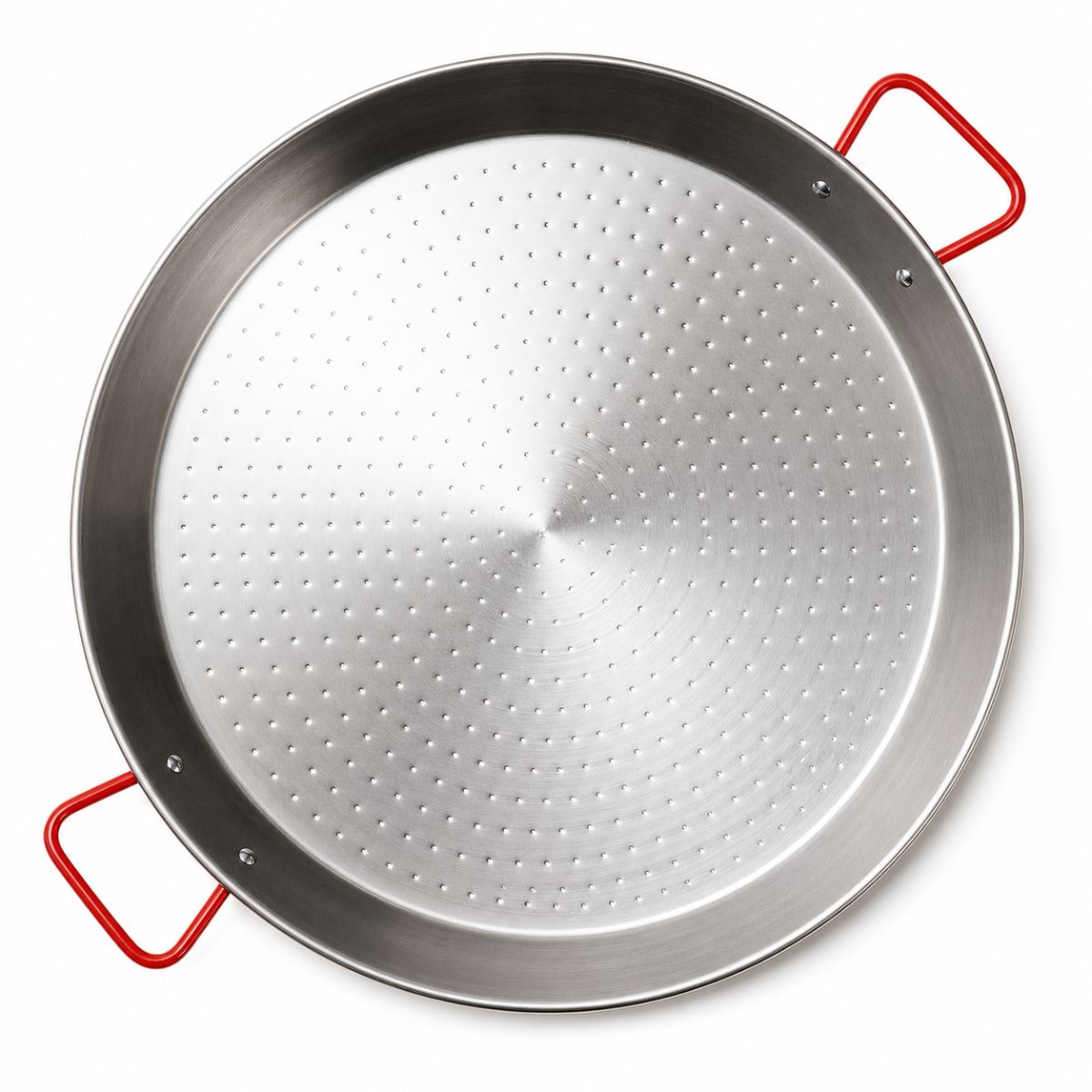 Stalen paella pan 60 cm voor 8 tot 10 personen met rode handgrepen