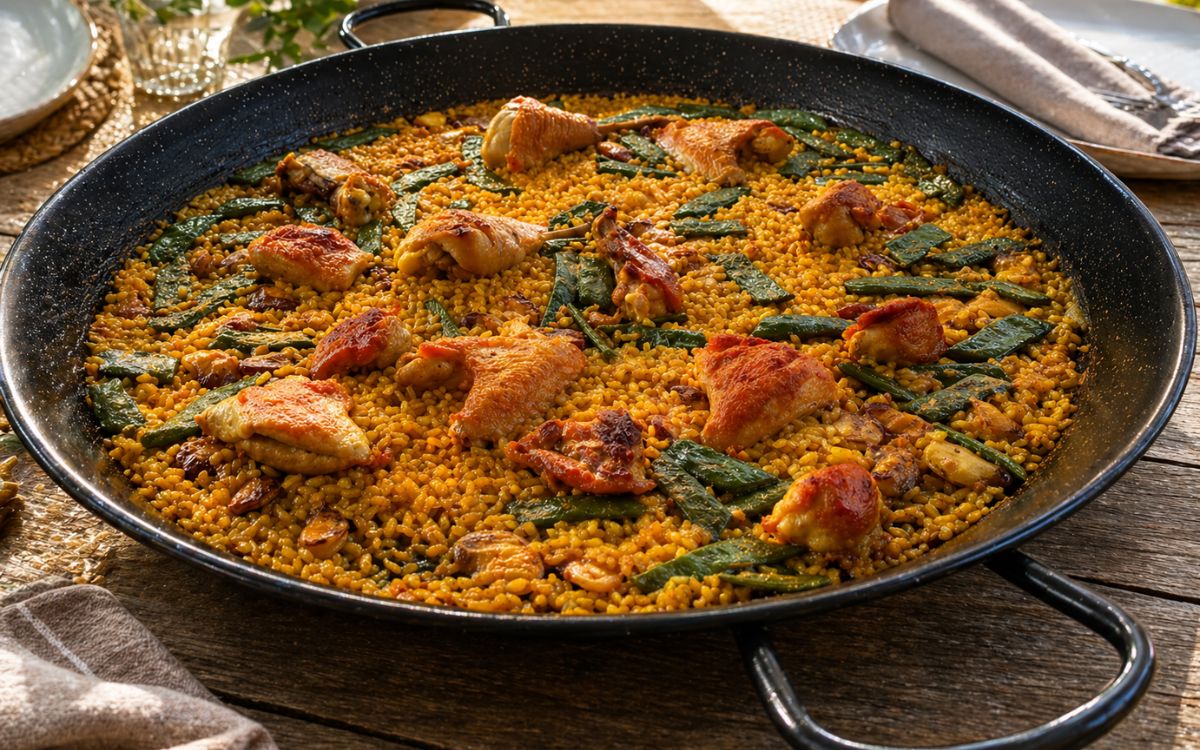 Paella met kip bereid in traditionele paellapan