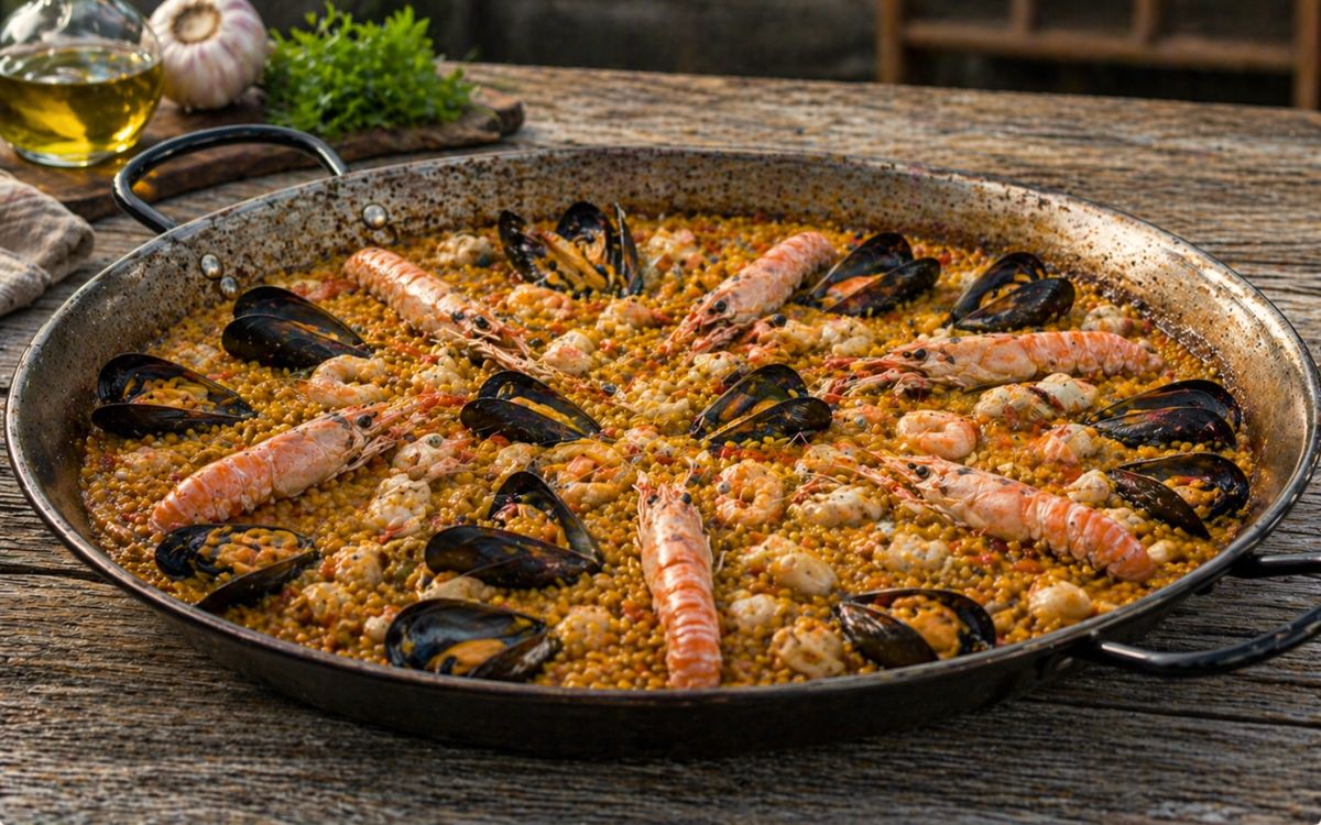 Paella met zeevruchten met garnalen, langoustines en mosselen in paella pan