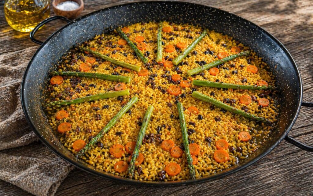 Vegetarische paella met groene asperges, wortel en bonen in een traditionele paella pan